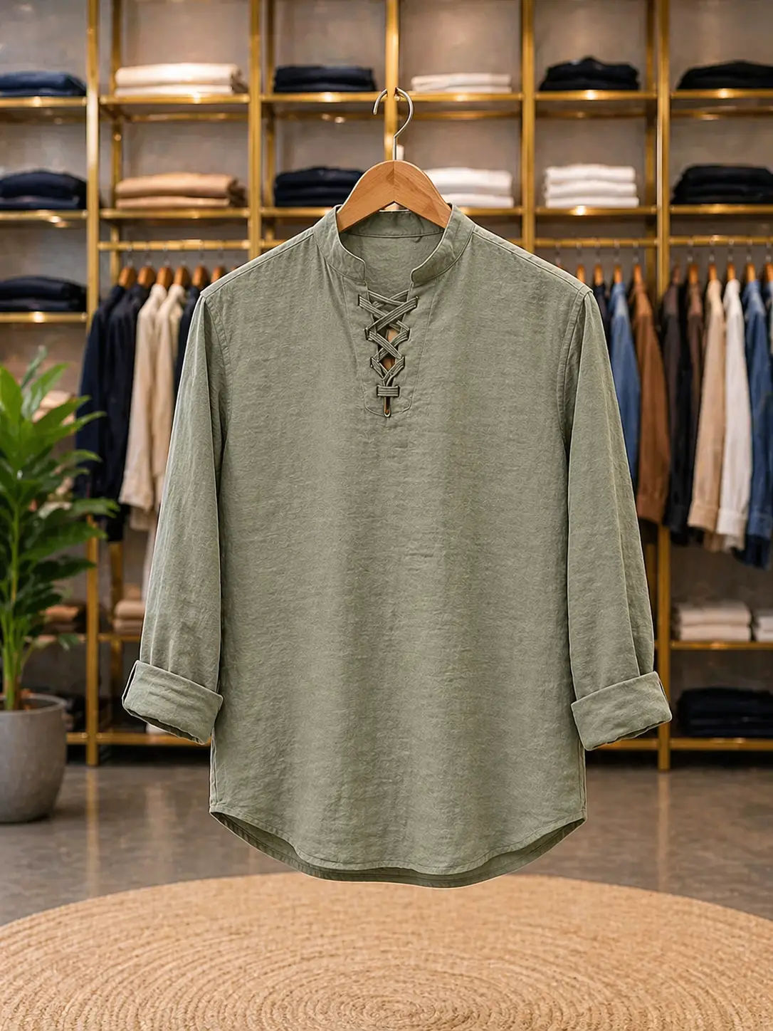 Men's Sage Green Lace-Up Henley Shirt